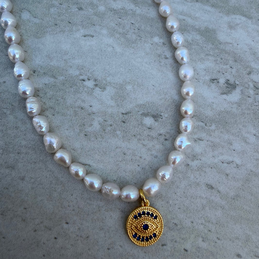 Evil Eye Fresh Water Pearl Necklace
